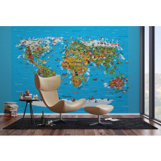 Eine Weltkarte von 'Entdecke die Welt' mit Bewohnern in einem Büro.