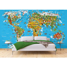 Eine Weltkarte von 'Entdecke die Welt' mit Bewohnern in einem Schlafzimmer.