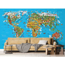 Eine Weltkarte von 'Entdecke die Welt' mit Bewohnern in einem Wohnzimmer mit Vliestapete.