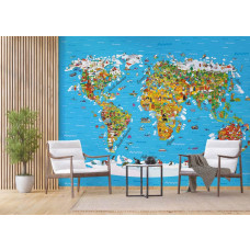 Eine Weltkarte von 'Entdecke die Welt' mit Bewohnern in einem Wohnzimmer.