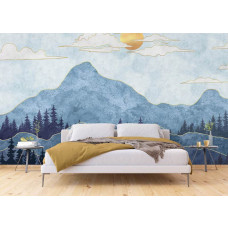 Ein Fototapet von einer östlichen Landschaft mit Bergen in einem Schlafzimmer.