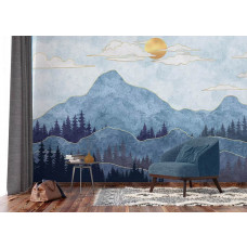 Ein Fototapet von einer östlichen Landschaft mit Bergen in einem Wohnzimmer mit Vliesbehang.