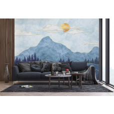 Ein Fototapet von einer östlichen Landschaft mit Bergen in einem Wohnzimmer.