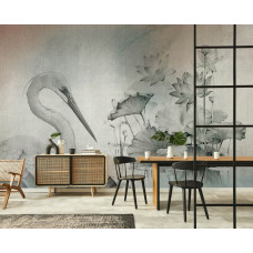 Fotobehang kraanvogel bij lotusplanten in een eetkamer, subtiele grijstinten en fijne lijnen.