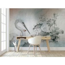 Fotobehang oosterse kraanvogel met lotus in een kantoor, verfijnd en inspirerend.