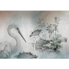 Fotobehang oosterse kraanvogel met lotus in grijstinten, waterlandschap en fijne textuur.