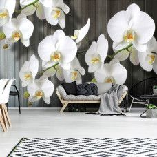 Eine Fototapete mit Orchideen auf einem Hintergrund aus Holzplanken, perfekt für ein Wohnzimmer oder Esszimmer.