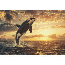 Ein Killerwal, der bei einem Sonnenuntergang aus dem Meer springt, auf Fototapete.