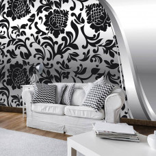 Fototapete mit schwarz-weißem Ornament im abstrakten Stil, perfekt für ein Schlafzimmer.