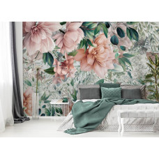 Eine Fototapete mit rosa Blumen und Blättern in einem ruhigen Schlafzimmer.