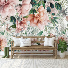 Eine Fototapete mit rosa Blumen und Blättern im Vliestapeten-Stil für ein Wohnzimmer.
