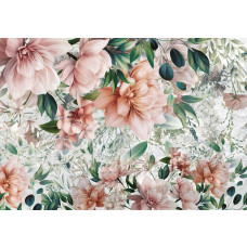 Eine Fototapete mit rosa Blumen und Blättern in einem weichen und eleganten Stil.