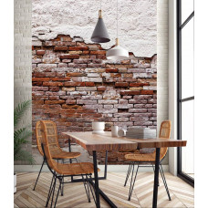 Fototapete mit einer alten Ziegelmauer mit Zement oben und unten, dargestellt in einem Esszimmer-Wohnzimmer.