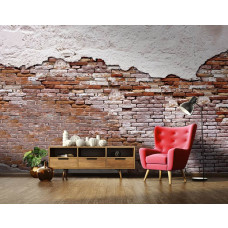 Fototapete mit einer alten Ziegelmauer mit Zement oben und unten, dargestellt im Wohnzimmer.