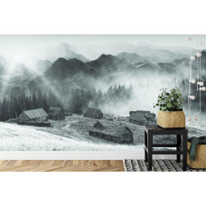 Fototapete mit einer nostalgischen Ansicht eines alten Bauernhauses inmitten der Natur, perfekt für ein Schlafzimmer.