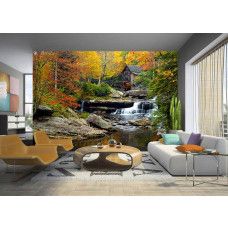 Fototapete einer alten Getreidemühle im Babcock State Park, die dem Wohnzimmer eine rustikale Stimmung verleiht.