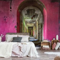 Fototapete einer alten Halle mit 3D-Effekt im urbanen Stil für das Schlafzimmer.