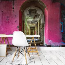 Fototapete einer alten Halle mit 3D-Effekt im urbanen Stil für das Wohnzimmer.