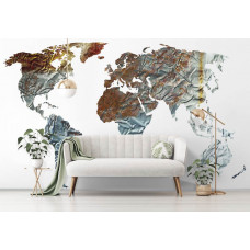 Fototapete einer alten Weltkarte mit Metall und Rost im Vintage-Stil für Wohnzimmer.