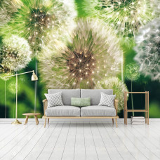 Eine Fototapete mit abstrakten grünen Pusteblumen in einem modernen Wohnzimmer.