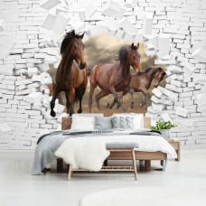 Eine Fototapete mit Pferden im 3D-Effekt, ideal für ein Schlafzimmer.