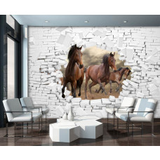 Eine Fototapete mit Pferden durch eine Wand, geeignet für das Wohnzimmer.