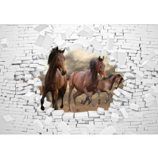 Pferde, die durch eine Backsteinmauer brechen, im 3D-Stil auf Fototapete.