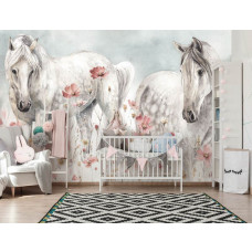Eine Fototapete von Pferden und Blumen im Kunststil im Babyzimmer.