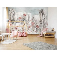 Eine Fototapete von Pferden und Blumen im Kunststil.