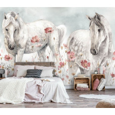 Eine Fototapete von Pferden und Blumen im Kunststil im Schlafzimmer.