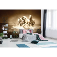 Fototapete mit galoppierenden weißen Pferden im Wasser, stimmungsvoll für das Schlafzimmer.