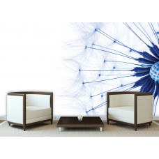 Eine Fototapete mit blauen Pusteblumen in einem Naturthema, geeignet für das Wohnzimmer.