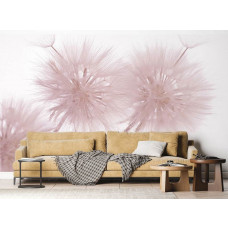 Ein Fototapet von einem Löwenzahn-Detail in einem Wohnzimmer mit Vliesbehang.