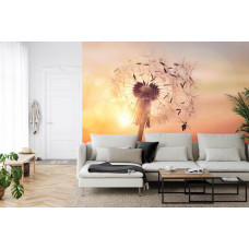 Eine Fototapete mit einem Löwenzahn in einer natürlichen Umgebung, gezeigt in einem Wohnzimmer.