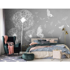 Eine Fototapete mit Pusteblumen und Schmetterlingen in einem natürlichen Schwarz-Weiß-Stil, geeignet für das Schlafzimmer.