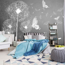 Eine Fototapete mit Pusteblumen und Schmetterlingen in einer subtilen Schwarz-Weiß-Komposition.