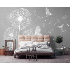 Eine Fototapete mit Pusteblumen und Schmetterlingen in einem abstrakten Schwarz-Weiß-Stil für ein Schlafzimmer.