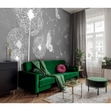 Eine Fototapete mit abstrakten Pusteblumen und Schmetterlingen, angezeigt in einem Wohnzimmer.