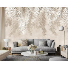 Eine Fototapete mit Palmenblättern in einem natürlichen Design, perfekt für ein Wohnzimmer.