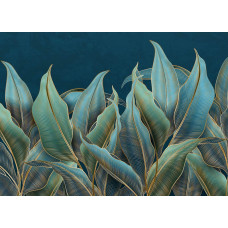 Ein Fototapete mit Palmblättern und goldenen Akzenten, bei dem üppige tropische Blätter und subtile Goldtöne eine luxuriöse und exotische Ausstrahlung erzeugen.
