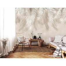 Eine Fototapete mit Palmenblättern auf Vliestapete gedruckt.