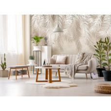 Eine Fototapete mit Palmenblättern, passend für ein modernes Wohnzimmer.