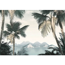 Fotobehang met hoge palmbomen langs een tropische kustlijn met helderblauw water en een zonnige lucht.