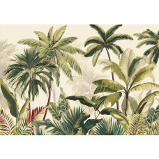 Fotobehang met tropische palmbomen en groene bladeren tegen lichte achtergrond.