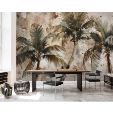 Eine Fototapete mit Palmen in einem künstlerischen Design, geeignet für ein Schlafzimmer und Büro.