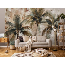 Eine Fototapete mit Palmen in künstlerischer Vliestapete, ideal für ein Wohnzimmer.