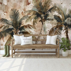 Eine Fototapete mit Palmen in einem künstlerischen Stil, geeignet für ein Wohnzimmer.