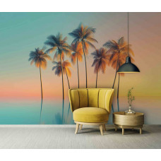 Fototapete mit Palmen auf spiegelndem Wasser im Wohnzimmer mit sanftem Licht und tropischer Ruhe.