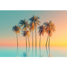 Fototapete mit Palmen auf spiegelndem Wasser in Pastellfarben und tropischer Atmosphäre.