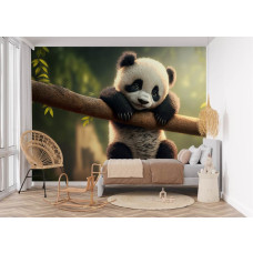Fototapete für das Kinderzimmer mit einem niedlichen Panda, der an einem Ast hängt, umgeben von einer waldreichen Kulisse.